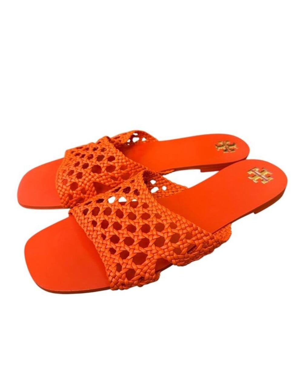 Tory Burch Woven Calf Leather Flat Slide Sandal Desert Flower Orange Women 10